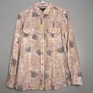 Tommy Bahama Women's L Linen Button Up Shirt Roll Tab Coral Pink Floral Vacation